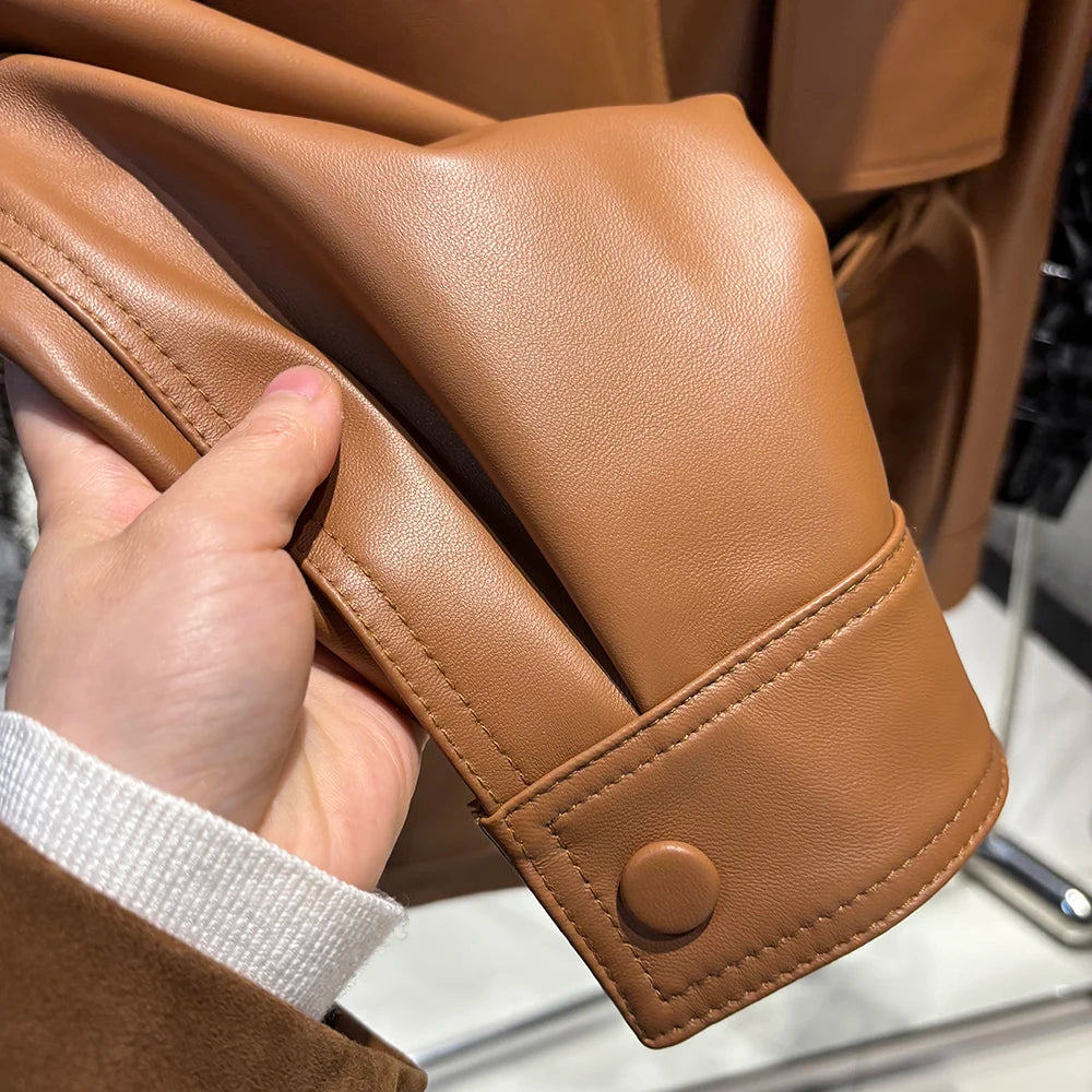 YOLOAgain Real Leather Suede Jacket Women Dark Brown Single Breasted Leather Coat With Belt