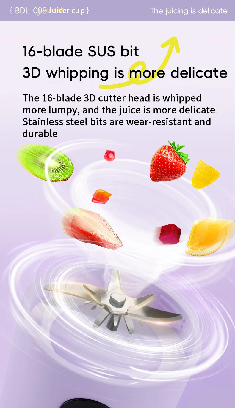 Portable Blender USB Rechargeable Cordless Mini Juicer Mixer for Smoothie Shake Protein Travel Sports Bottle Juicer Cup