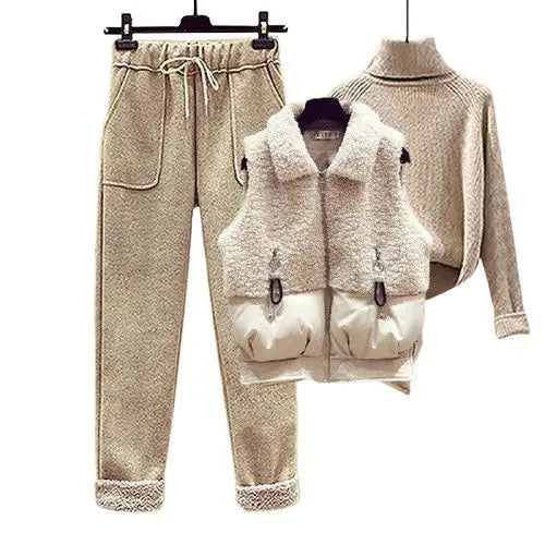 Autumn and Winter Women's Suit Lamb Wool Vest Thickened Cashmere Sweater High Waist Casual Woolen Trousers Three Piece Set