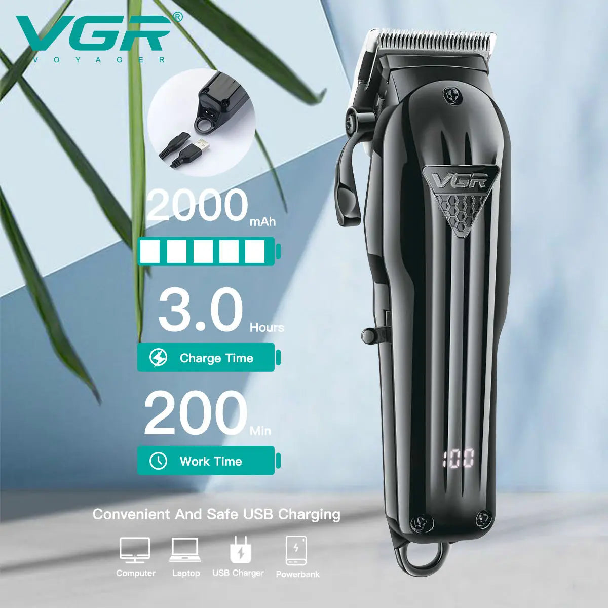 VGR Trimmer Professional Hair Trimmer for Men Clipper Beard Trimmer Hair Cutting Machine Cordless LED Display Rechargeable V-282