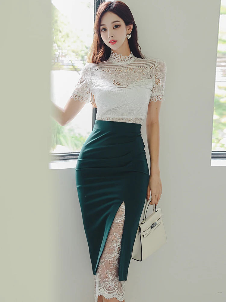 Summer Women Clothes Fashion Elegant 2 Pieces Outfit Sheer Sexy Lace White Tops Shirt Blouse And High Waist Midi Skirt Mujer Set