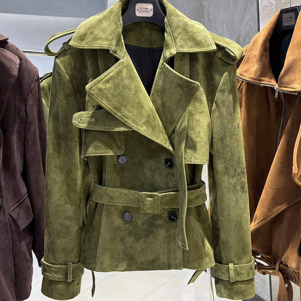 YOLOAgain Double Breasted Croc Pattern Leather Jacket Women 2023 Autumn New Genuine Leather Jacket Ladies