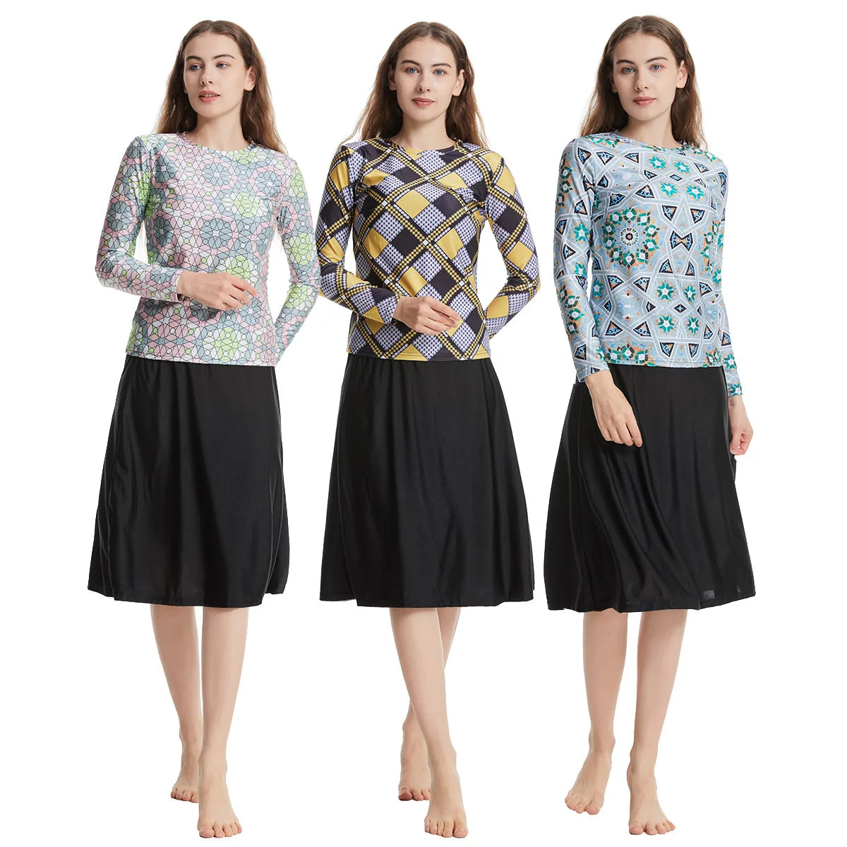 Elegant Islamic Women Swimsuits Long Sleeved Bodysuits+skirt+hat 3pcs Bathing Swimming Suit Muslim Sexy Girls Beachwear S-xxxl