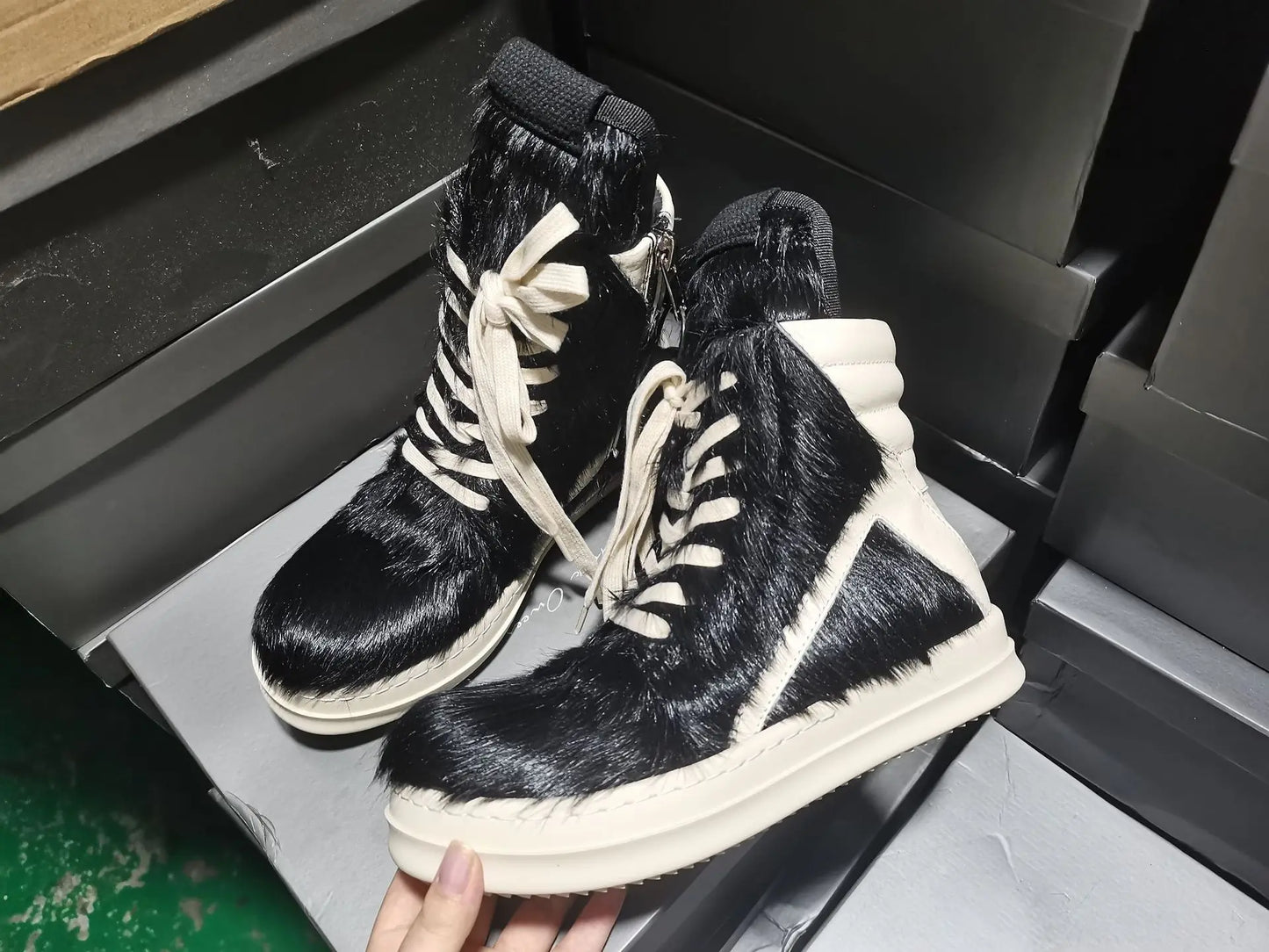 Men's Horsehair Shoes Casual Platform Women High Top Sneakers Leather Luxury Trainers Lace Up Zip Designer Male Boots