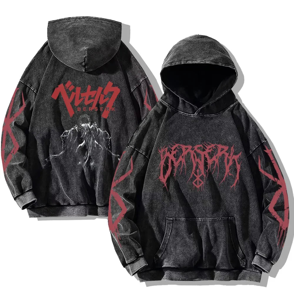 Vintage Anime Washed Hoodies Cotton Men Women Retro Long Sleeve Pullover Casual Oversized Hooded Sweatshirts Hip Hop Streetwear