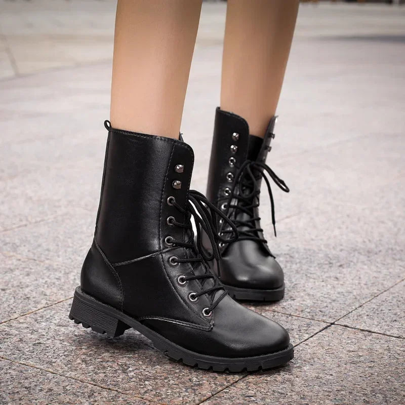 Women's Boots 2026New Casual High Top Boot Fashion Women Motorcycle Boot Classic Black Mid-calf Leather Boots Women Ankle Boots