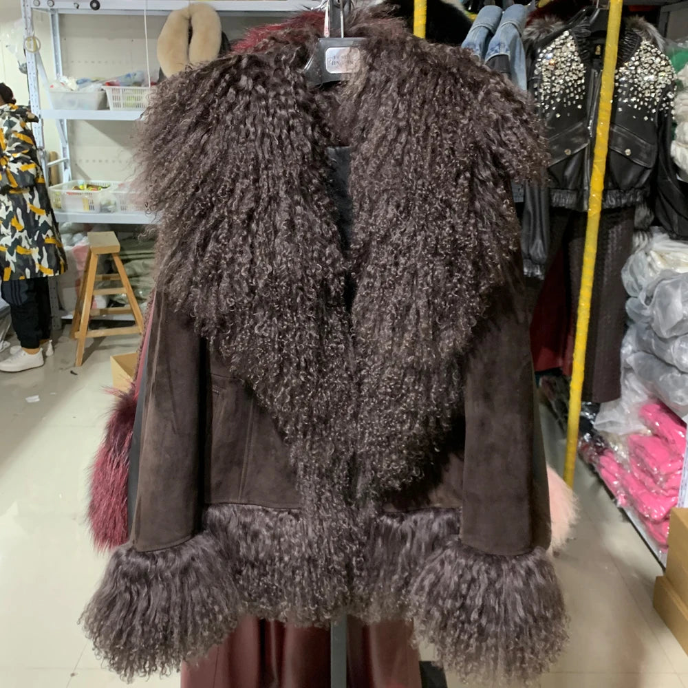 Sheep Collar Coats Women Winter Luxury Mongolian Fur Leather Jackets with Long Sleeve 7251