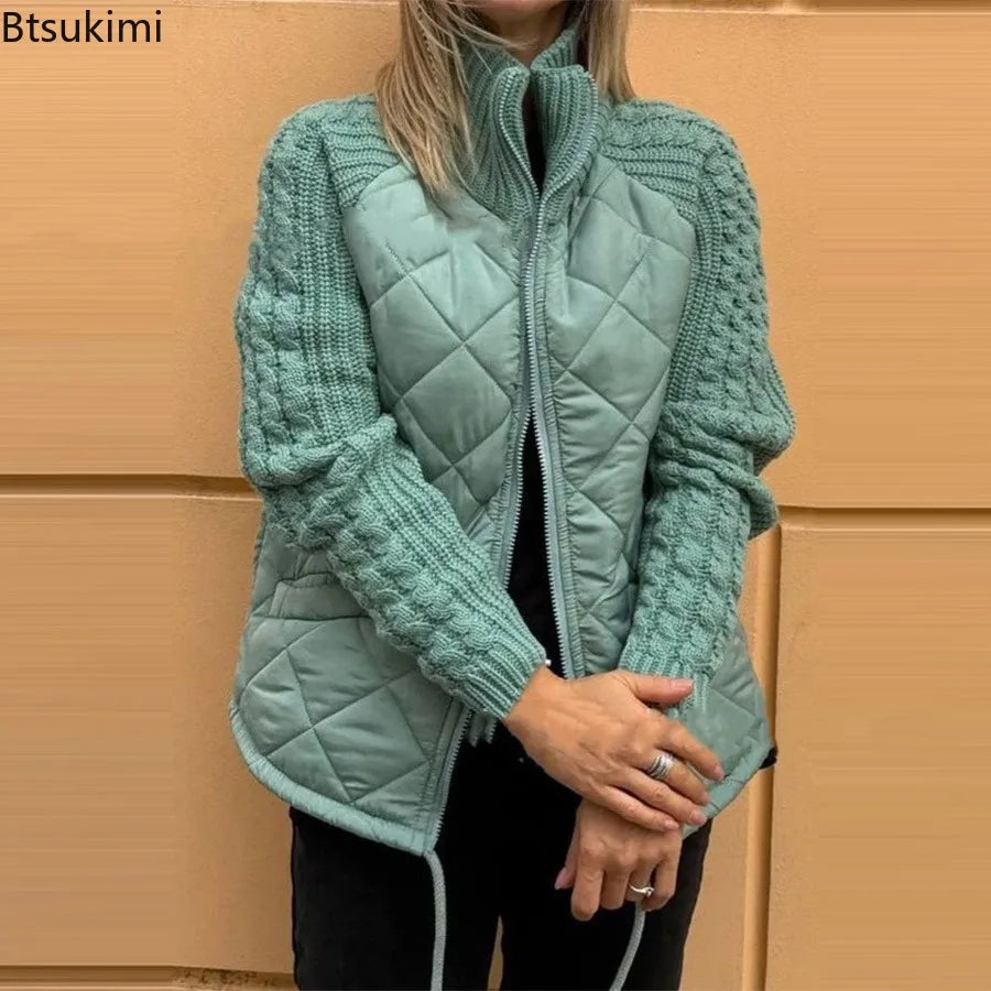 Winter Women Jackets Solid Stand Collar Neck Parkas Patchwork Drawstring Hem Zipper Closure Cotton Jacket Warm Cardigan Coats
