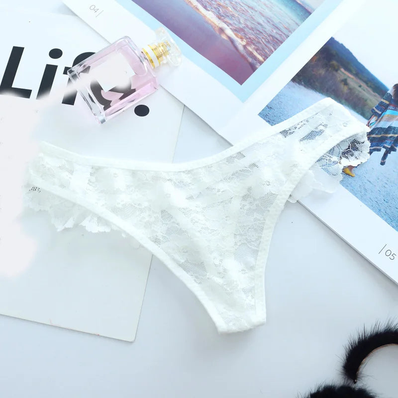 Women Sexy Thongs  Scalloped Floral Lace Fine Lingerie Low Waist Translucent Breathable Hollow Sheer Sexy Intimate Lingerie