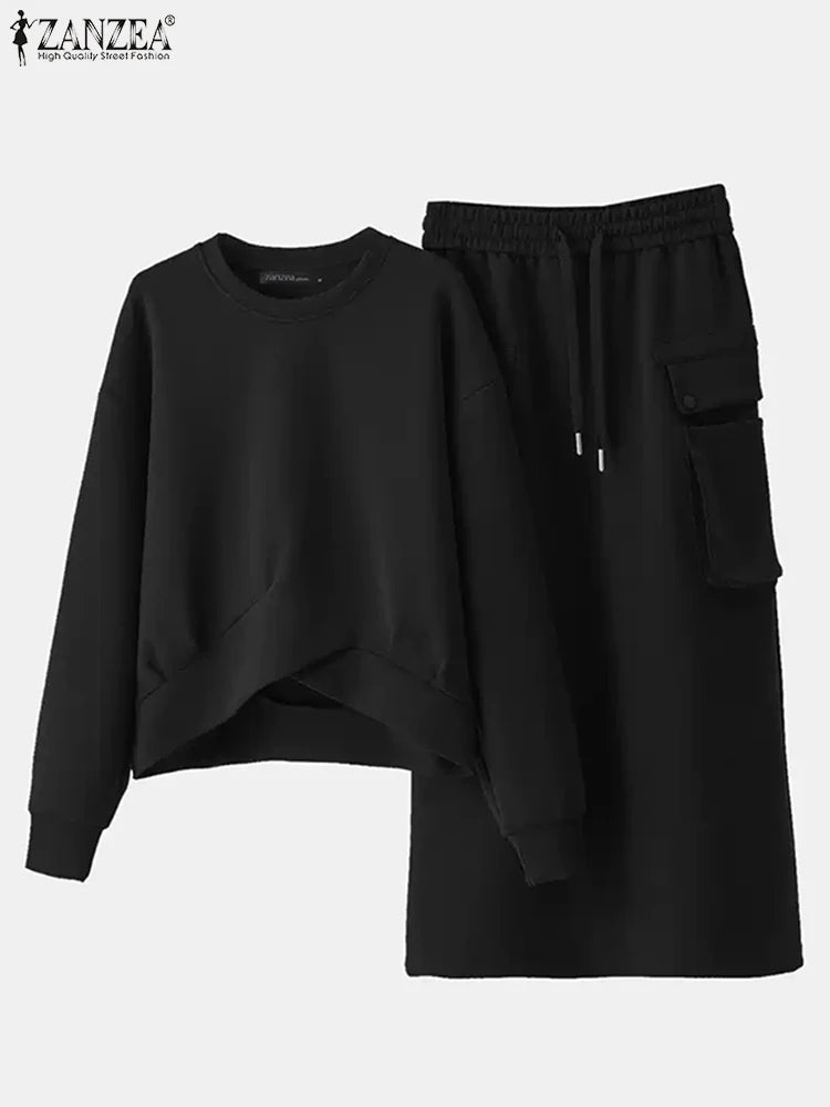 Autumn 2pcs Outfits Winter Stylish Women Sweatshirts Dress Sets 2025 ZANZEA Solid Matching Sets Long Sleeve Hoodies Sundress