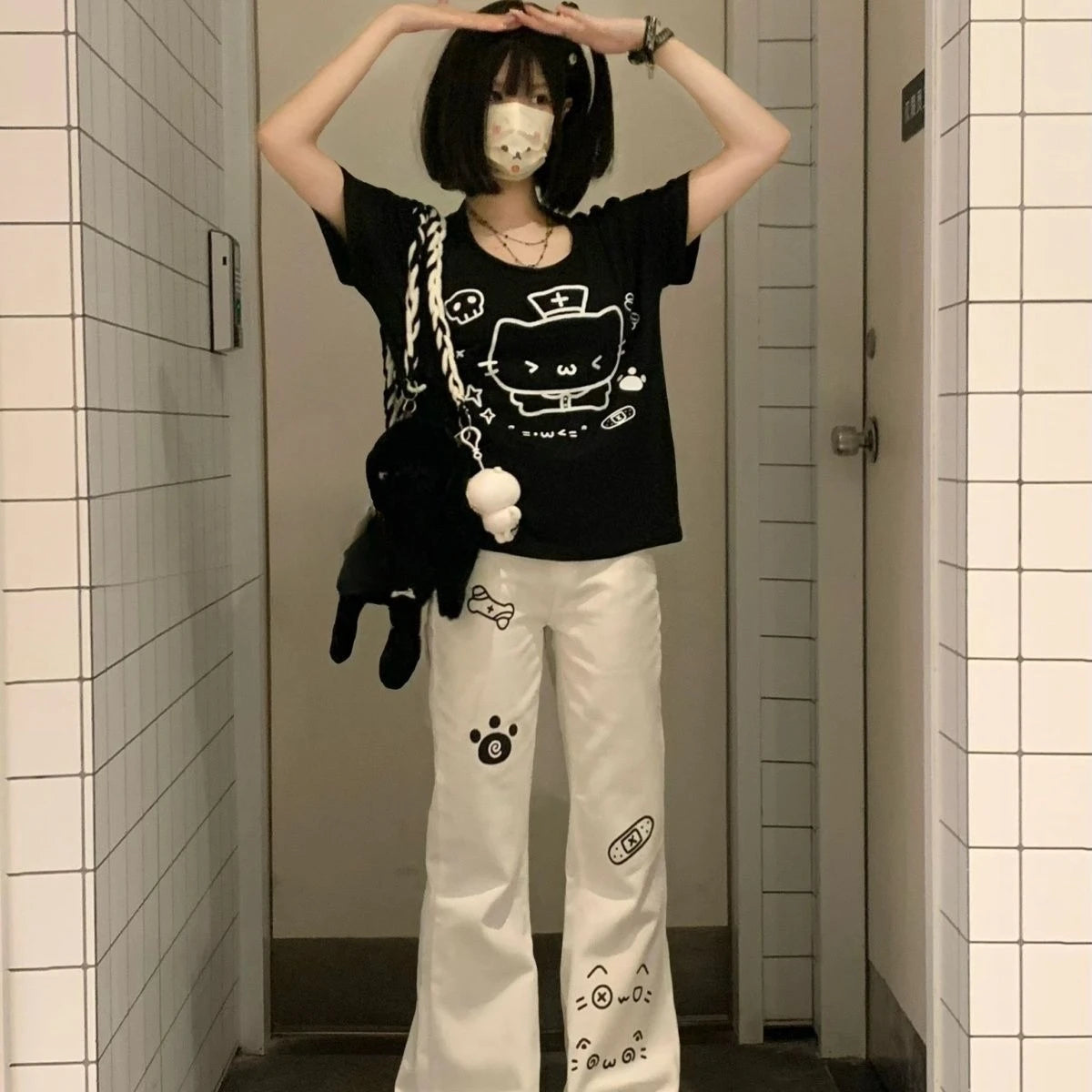 Japanese Kawaii Full Length Pants Women Cartoon Cat Pattern Casual Trousers Y2K Sweet Harajuku Subculture Autumn Sweat Pants