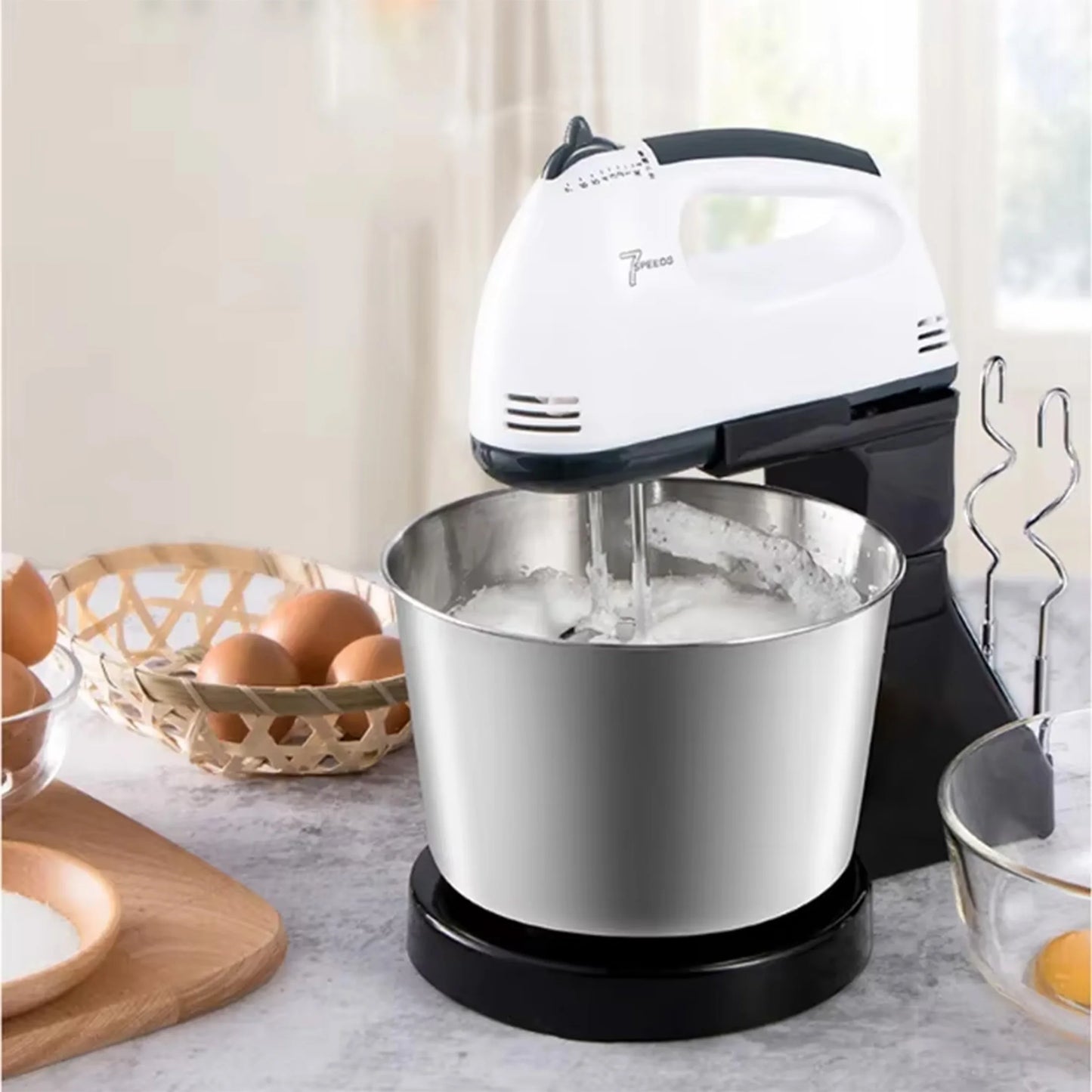 1pc-Dual-Power Kitchen Mixer - Electric & Manual Handheld Blender for Baking/Cooking (Includes Mixing Bowl)