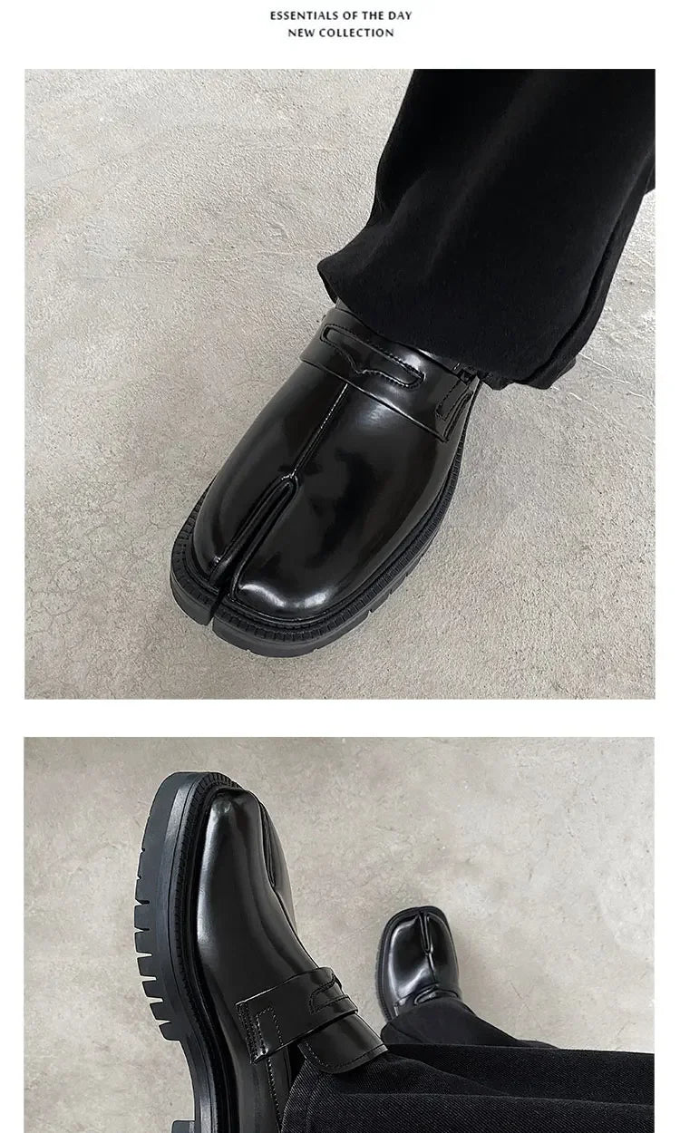 Maganda Split toe horseshoe shoes for men's thick sole Lefu shoes Tabi shoes patent leather shoes Korean version trend casual