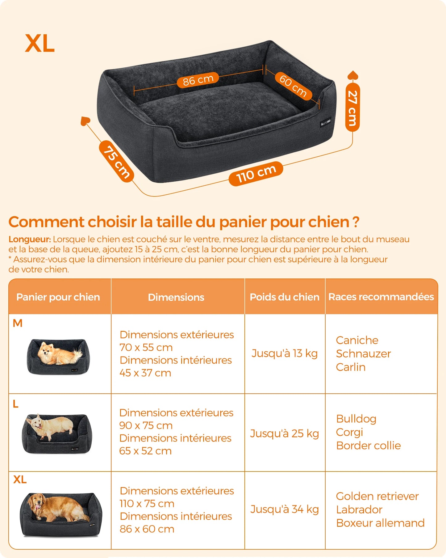 Dog Basket, Pet Bed, Sofa, Linen-Like Fabric, Raised Edges, Non-Slip, Washable Removable Cover, XL Size for Large Dogs