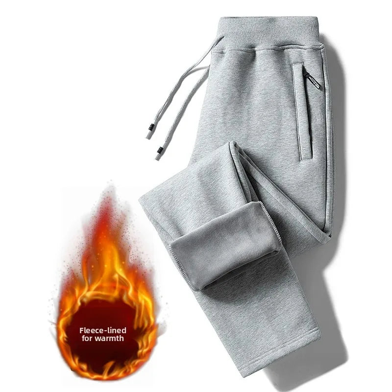 Loose Men's Fleece Lined Trousers Spring Autumn Winter Casual Wear Youth Style Pure Color Cuffed Sports Pants for Students