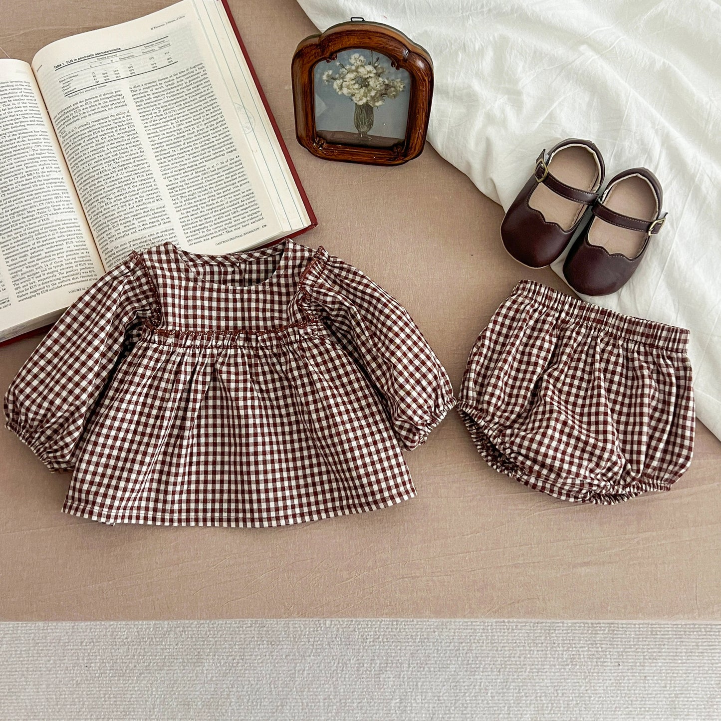 Baby Cotton Clothing Sets 0-2Yrs Autumn New Baby Girl Clothes Set Plaid Tee And Bloomer 2pcs Toddler Kids Vest + Shorts Suit