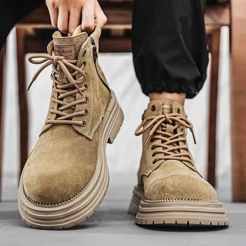 Men's high-quality suede horse boots outdoor casual leather boots thick soled English style short boots fashionable work boots