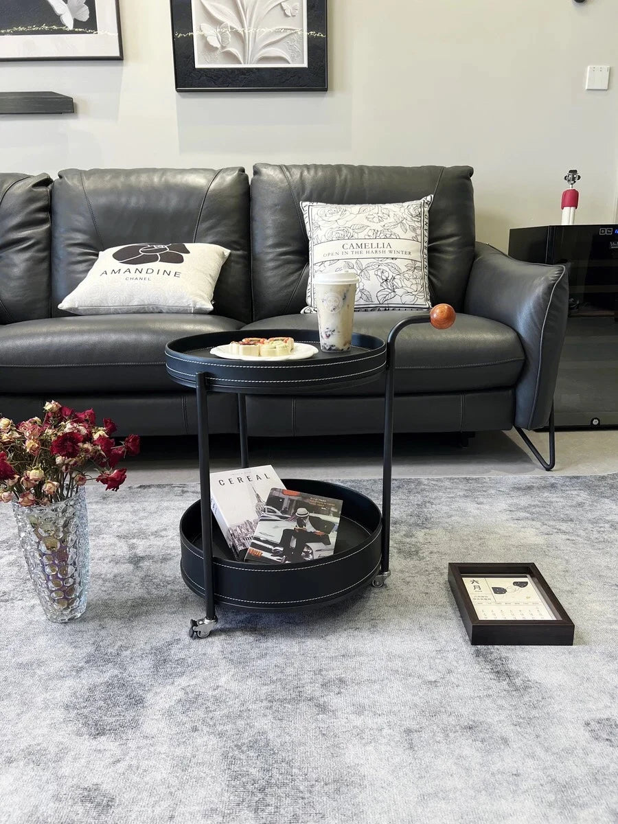 2026 New Light Luxury Sofa Side Table Movable Hotel Room Saddle Leather Trolley Home Bedroom Storage Bedside Small Coffee Table