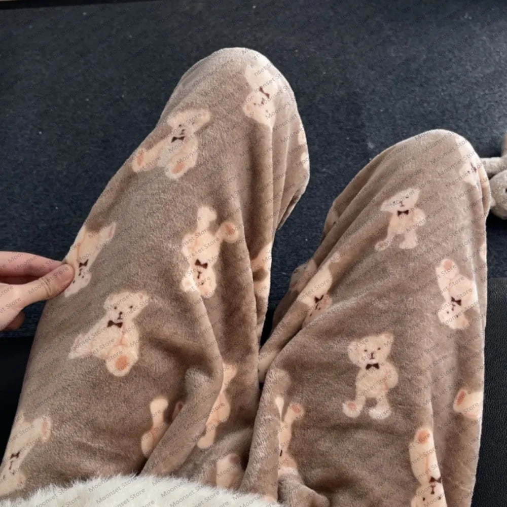 Pajama pants cute flannel trousers for autumn and winter warm fashionable loose casual cartoon and home women's trousers