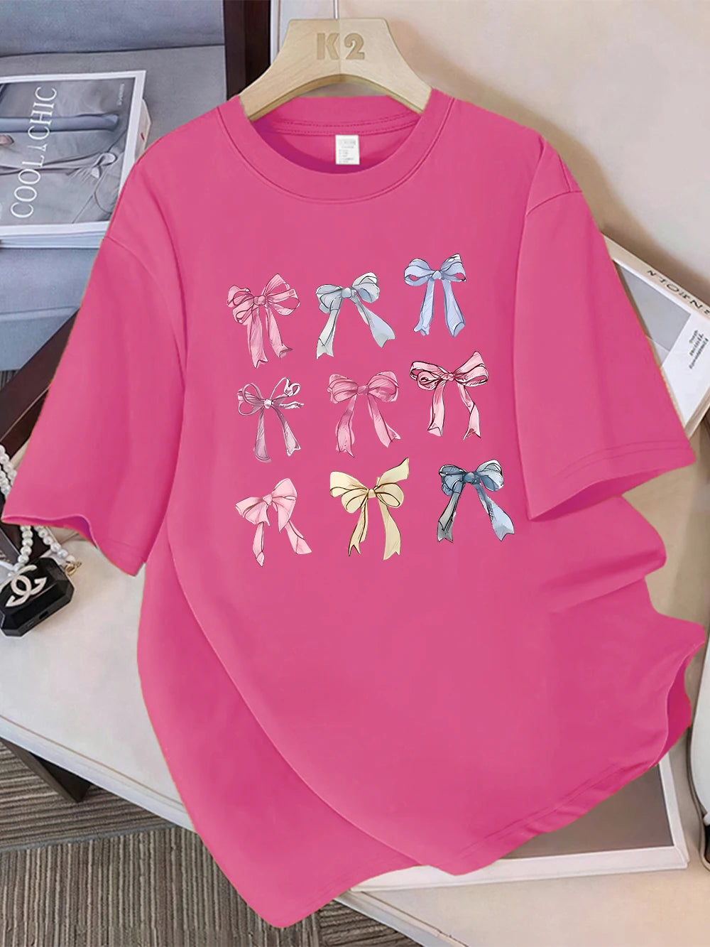 Summer T-Shirts Cotton Womens Colorful Bow Tie Printing Short Sleeve Comfortable Soft O-Neck Tops Holiday Casual Womans Clothes