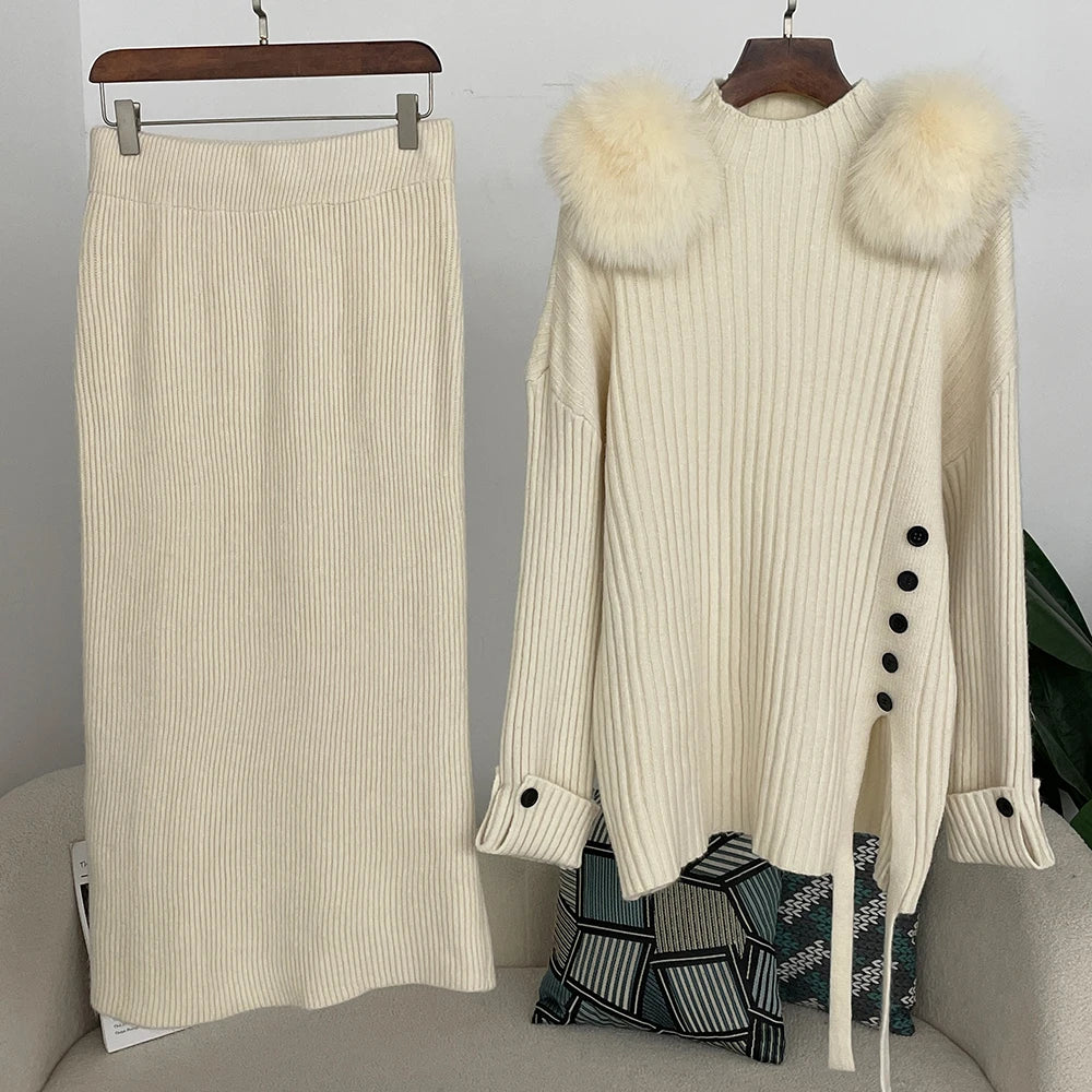 Sweater Set Warm suit Women Winter Knitted Suits two Piece Set Natural fox fur collar Sweater + Loose Trousers Office Lady Suit
