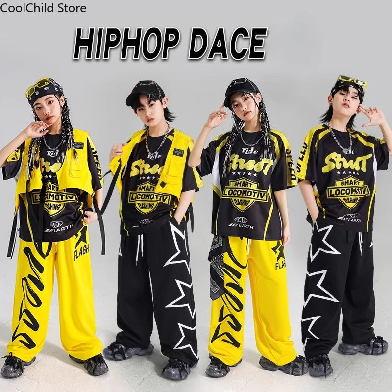 Boys Hip Hop Contrast T-shirt Yellow Vest Sweat Pants Girls Street Dance Jazz Costume Children Clothes Set Kids K-pop Streetwear