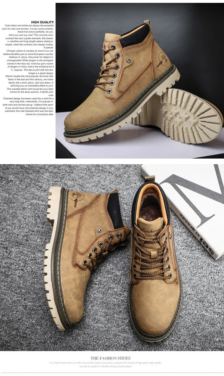 Men's High-Top British Style Motorcycle Boots Durable Cowboy Ankle Shoes Rugged Casual Non-Slip Leather Outdoor Work Footwear