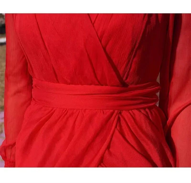 Spring/Summer Silk Dress with Charm Seaside Vacation Beach Dress Red Extra Long Tailed Long Dress White Elegant Graceful XQ26