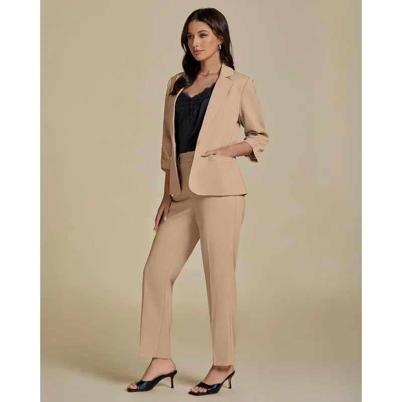 Pant Suits for Women Dressy 2 Piece Business Casual Outfits 3/4 Sleeve Blazer Straight Leg Pant Sets Office Work