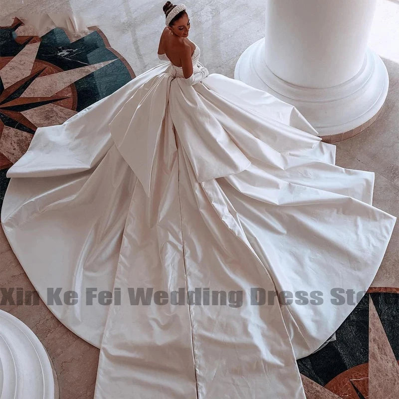 Elegant Wedding Dresses 2024 Pearls Modern Bridal Beach Boho Gowns Sweep Train A-Line Satin Prom Plus Size Vestidos Customized