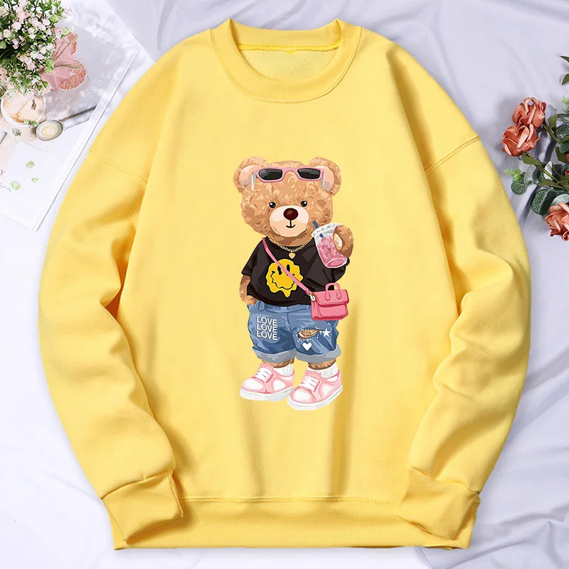 Bear Sister Drinking Milk Tea Printing Women'S Hoody Autumn Warm Fleece Sweatshirt Casual Hoodies Hip Hop Loose Pullovers Top
