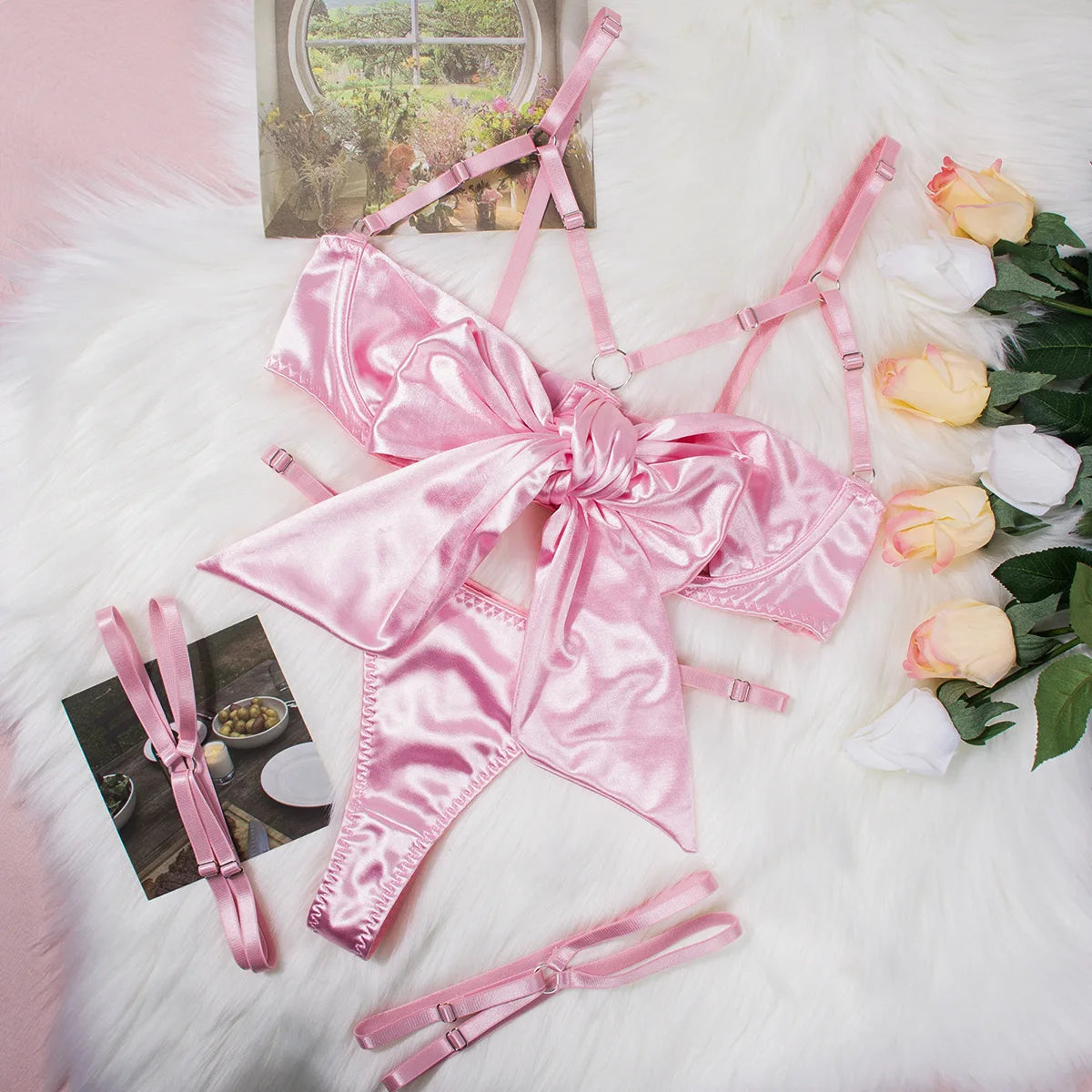 Lingerie's new hot selling European and American lingerie with exquisite bow and hollow out sexy three piece set with steel ring