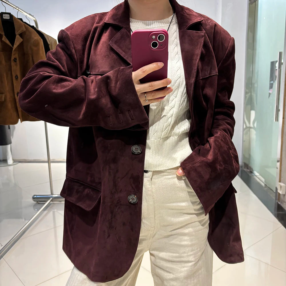 YOLOAgain Single Breasted Oversized Suede Blazer Women Real Leather Jacket Spring 2026