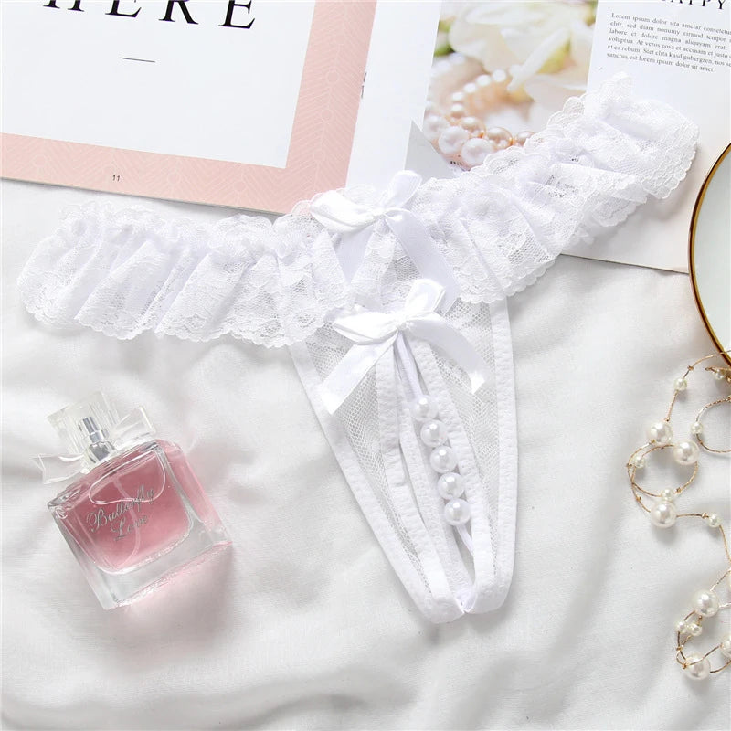 Thong Women Open Crotch Pearl Embellished Sexy Lace Underwear Fashion Lingerie Set Valentine Gift for Her
