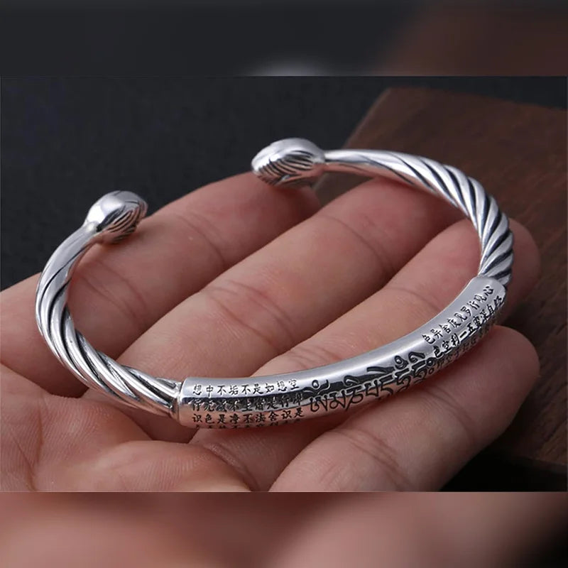Sterling Silver Personality Retro Six-Character Mantra Leather Bracelet Fashion Woven Men's Bracelet
