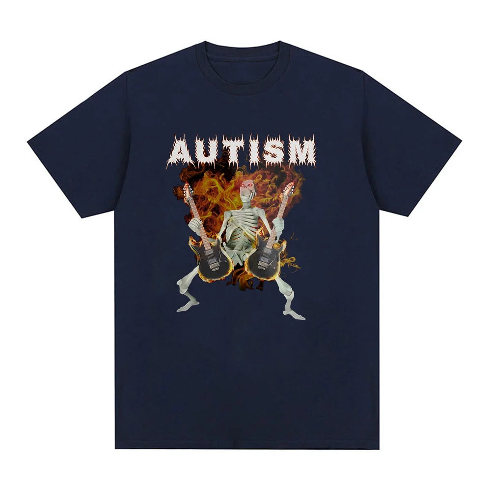 Autism Funny Skeleton meme Print Crew Neck T-shirt, Casual Loose Short Sleeve Fashion Summer T-Shirts Tops, Women's Clothing