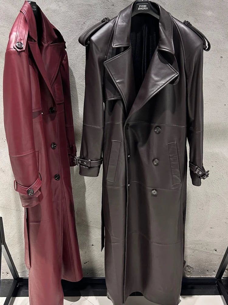 Suede Burgundy Long Coat Double Breasted Windbreak Length 150cm Women's Real Suede Coat
