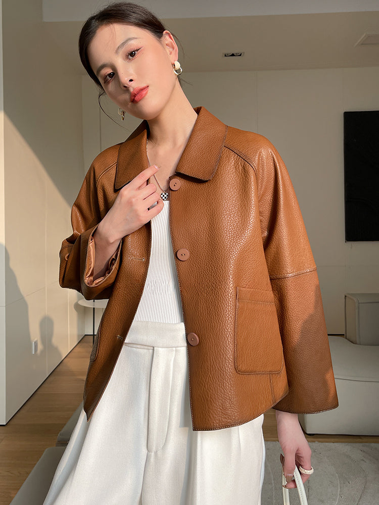High-end Simple Natural Sheepskin Coats for Women 2025 New Trend Casual Single-breasted Lychee Texture Genuine Leather Jacket