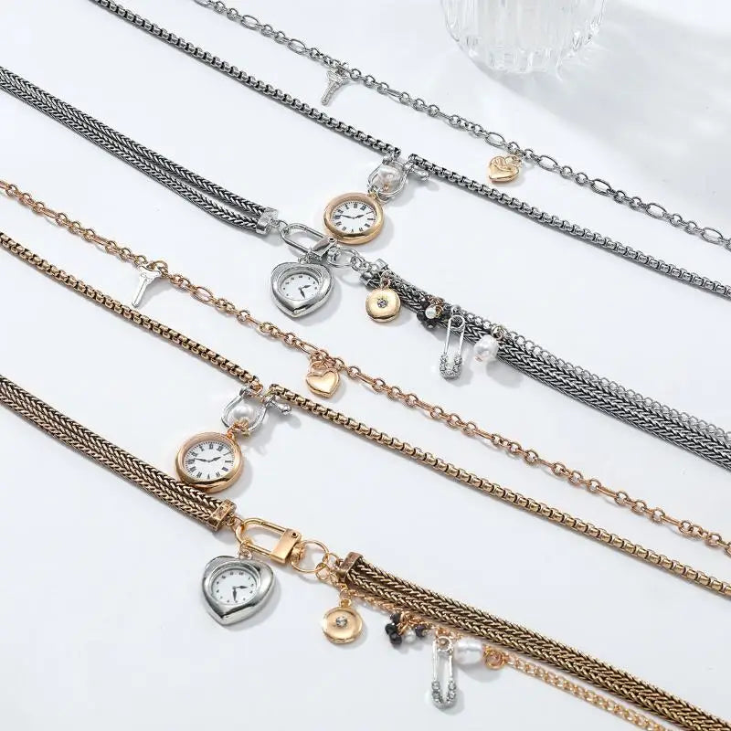 Necklace with Fashion Pin, Button Key, Heart Pendant for Women; Bohemian Multi-Strand Clavicle Chain Accessory