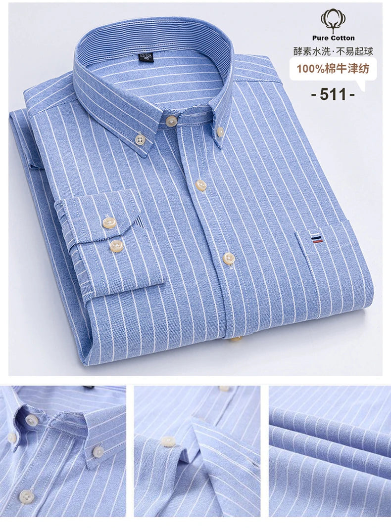 S-6XL Casual Pure Cotton Oxford Mens Shirts Long Sleeve Embroidery Horse Design Regular Fit Fashion Button Man White Dress Shirt