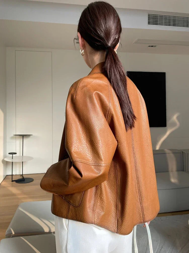 High-end Simple Natural Sheepskin Coats for Women 2025 New Trend Casual Single-breasted Lychee Texture Genuine Leather Jacket