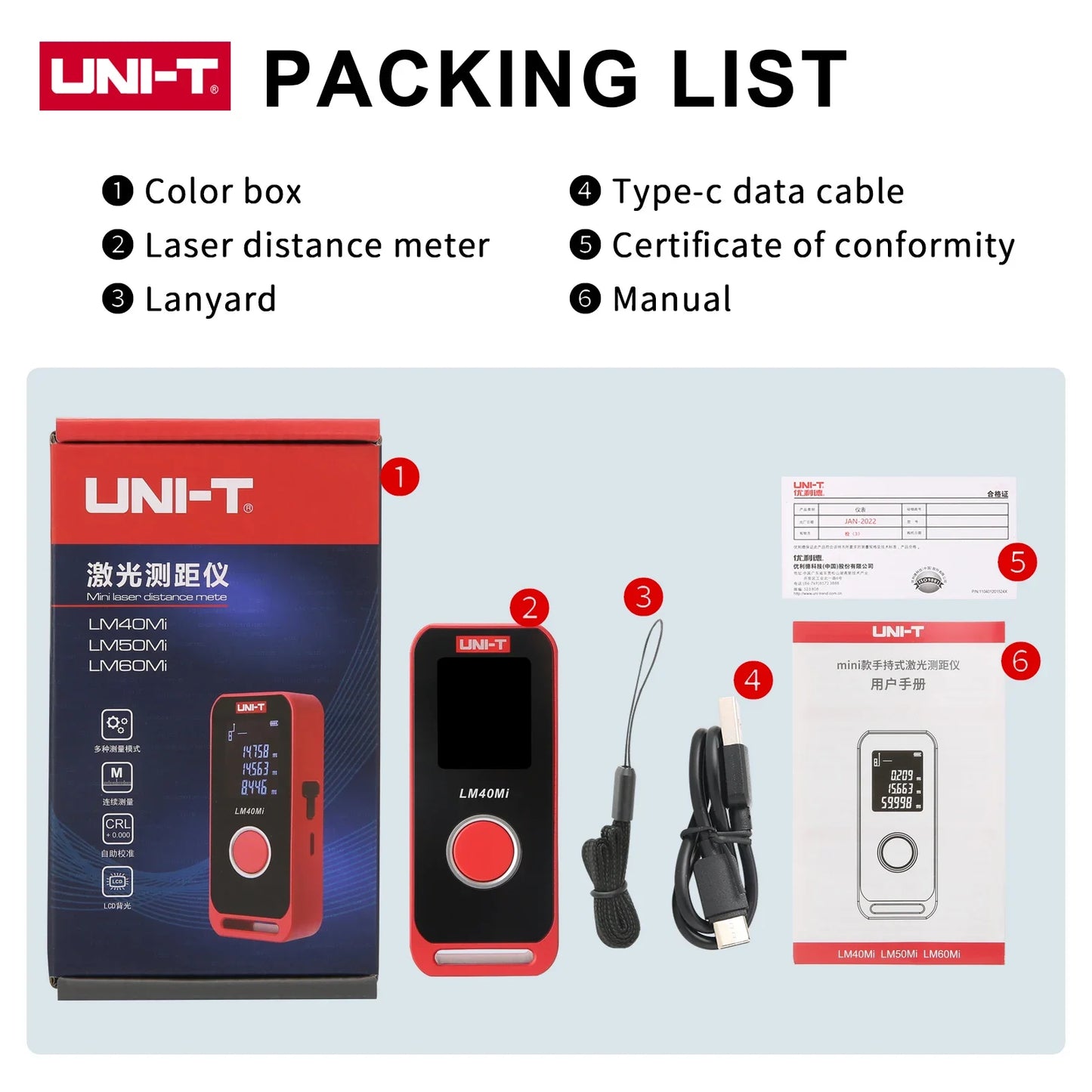 UNI-T Mini Laser Distance 40/60m Range Rechargeable 3.7V Wall Area/Volume/Circumference Measurement LM40Mi LM60Mi
