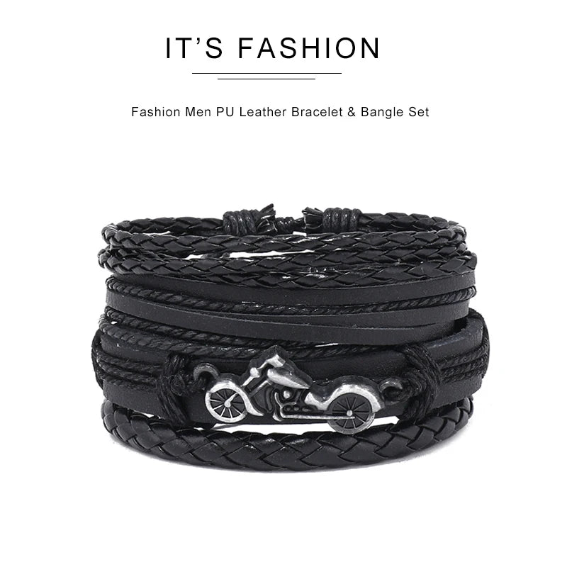 Fashion Bracelet For Men Hand Bangles Woven Alloy Motorcycle Hand Jewelry Adjustable Leather 4Pcs/Set Bracelet For Leather