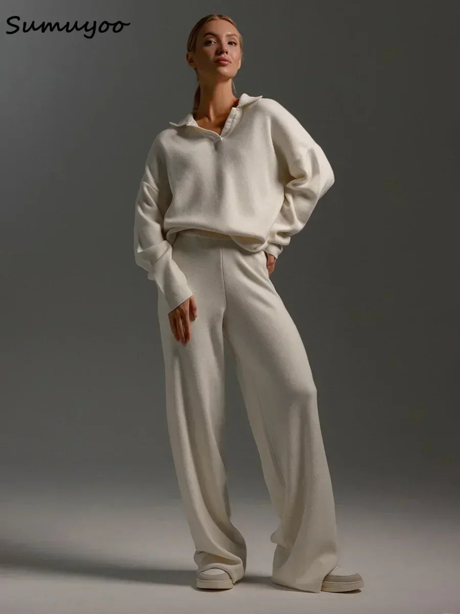 Sumuyoo Winter Thick Women Knitted Suits Cashmere Soft 2 Pieces Sets Female Polo Neck Sweater & Wide Leg Pants Knitted Outfit