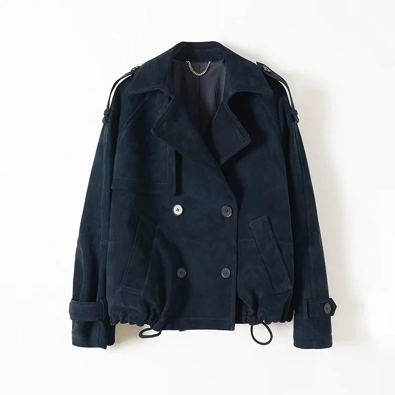 Kid Suede Leather Jacket for Women Branded New 2025 Old Money Double Breasted Short  Jacket Femme Big Lapel Epaulet Trench Coat