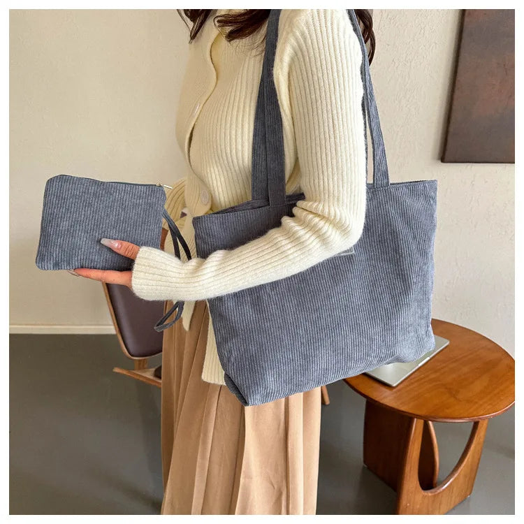 Ladies' handbag, corduroy ladies' shoulder bag, daily commuting tote bag, shoulder bag with small bag