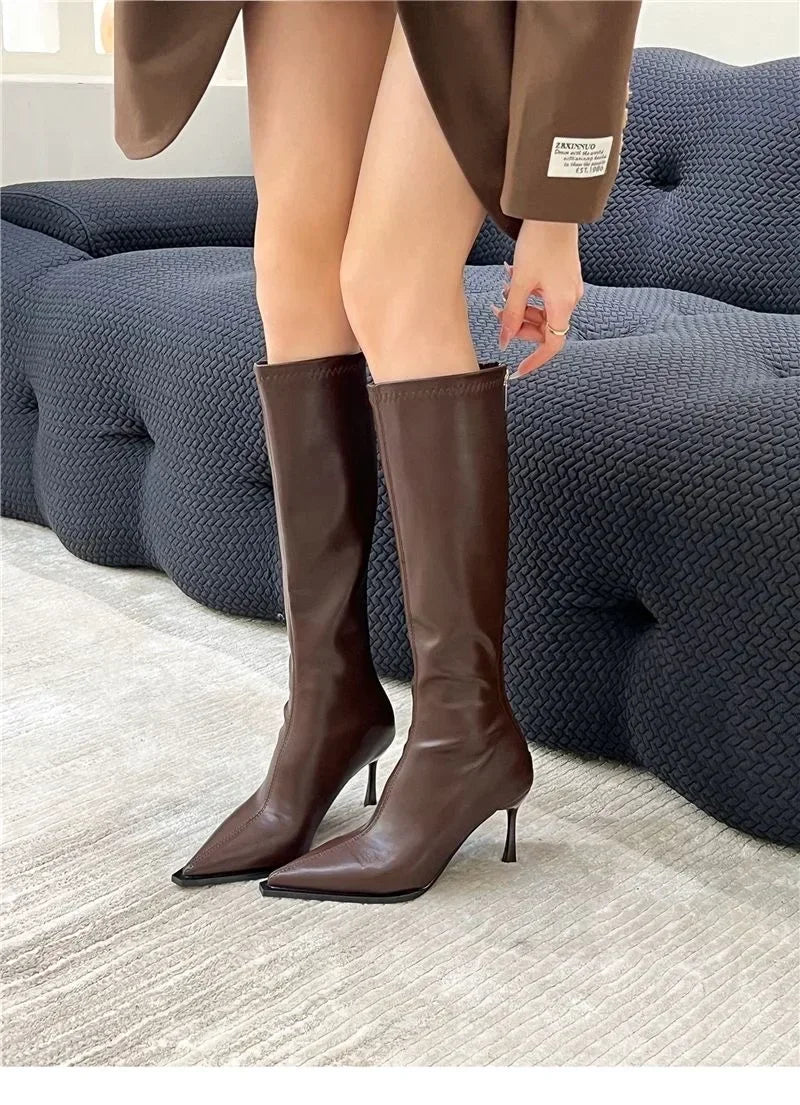 2025 New Women's High Heels Pointed Knee-length Female Boots Comfortable Stiletto Heel Soft Leather Women Shoes Zapatos De Mujer