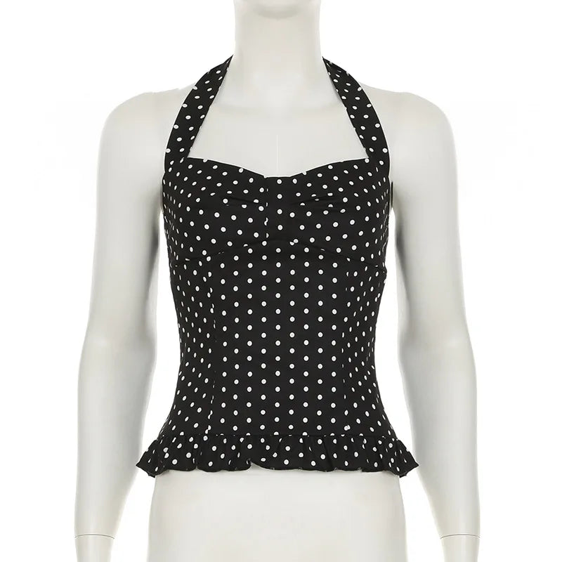 Women Halter Tank Tops Ruffles Hem Lady Sexy Backless Sleeveless Crop Top Summer Fashion Streetwear Female Dot Print Vests
