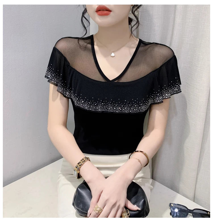 Real Photos Summer Tops Girl Patched Ruffles Mesh V Neck Short Sleeve T Shirt Women Fashion Tees Tshirts Beach Clothing