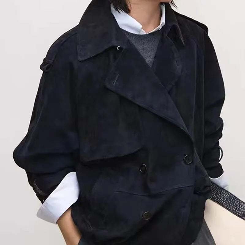 Kid Suede Leather Jacket for Women Branded New 2025 Old Money Double Breasted Short  Jacket Femme Big Lapel Epaulet Trench Coat